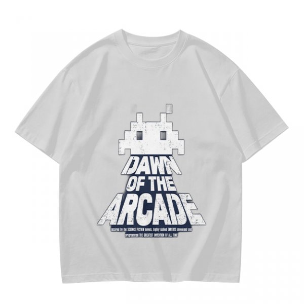 Olive T-Shirt with Retro Arcade Space Invader Graphic and Dawn of the Arcade Text