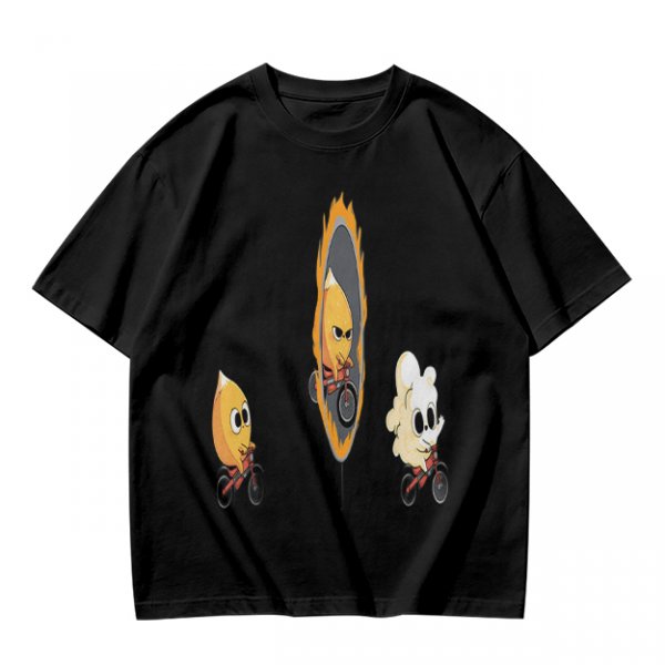 Olive T-Shirt With Cartoon Characters Riding Bikes Through Portal