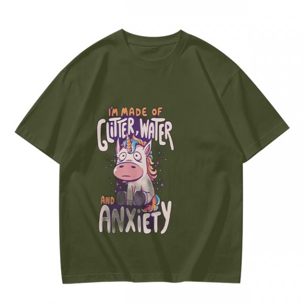 Olive t-shirt with anxious unicorn glitter water and anxiety print