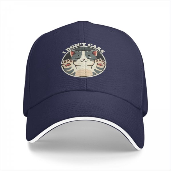 Black baseball cap with 'I DON'T CARE' and relaxed cat graphic