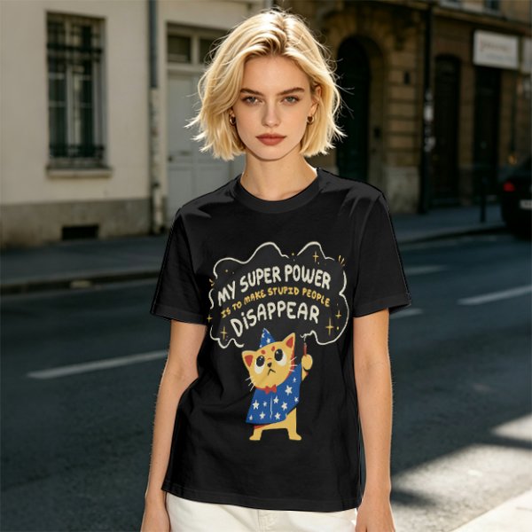 Olive T-shirt with Wizard Cat 'My Super Power Is To Make Stupid People Disappear' Print
