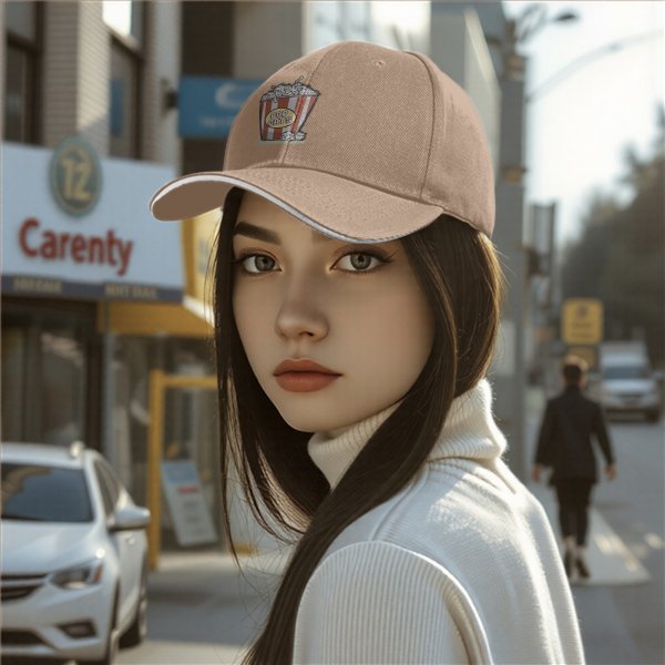 Black baseball cap with popcorn bucket 'POP CATS' graphic