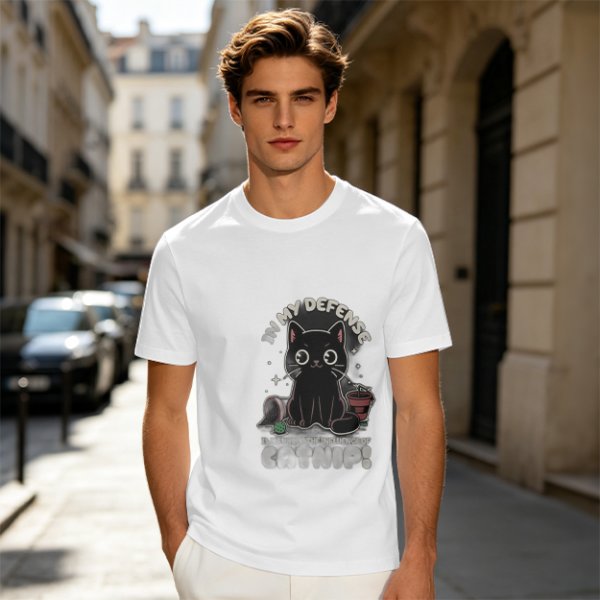 Olive t-shirt with black cat 'In My Defense I Was Under Catnip' print