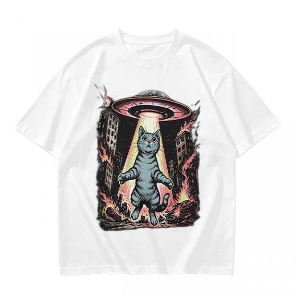 Olive T-Shirt with UFO Abducting Cat Over Burning City