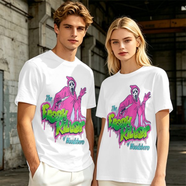 Olive T-Shirt with Neon Pink Ghostface 'The Fresh Killer' Print