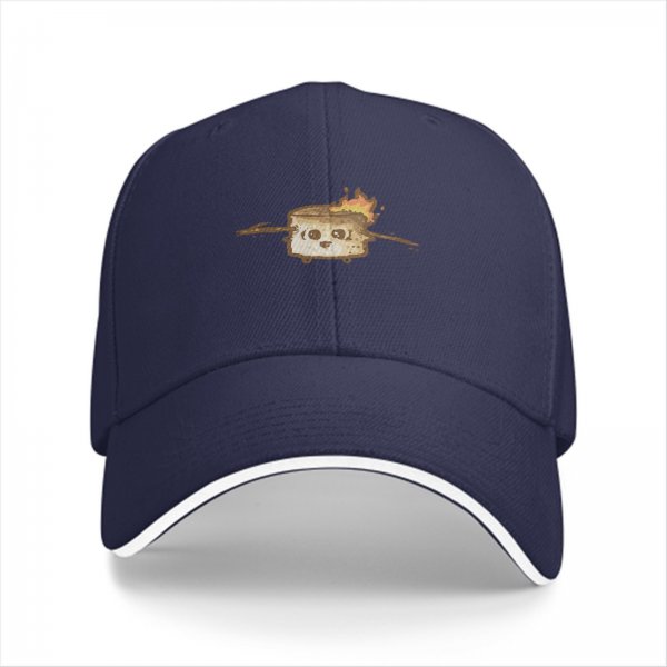 Black baseball cap with cute burning marshmallow graphic