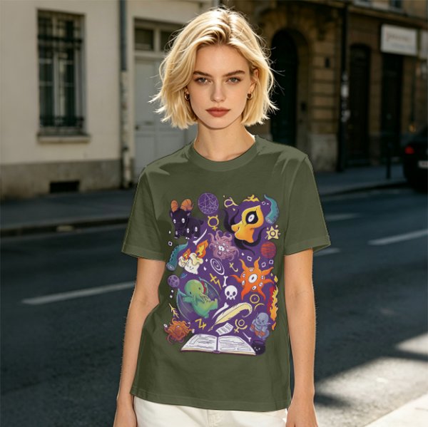 Olive T-Shirt With Cute Occult Monster And Spell Book Print
