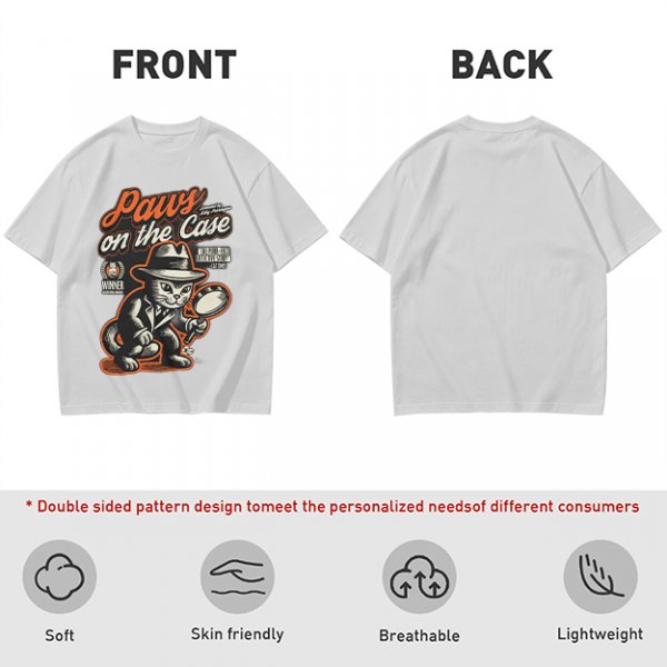 Olive t-shirt with detective cat 'Paws on the Case' graphic