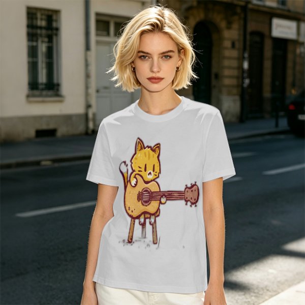 Olive T-shirt with Cute Orange Cat Playing Guitar Graphic