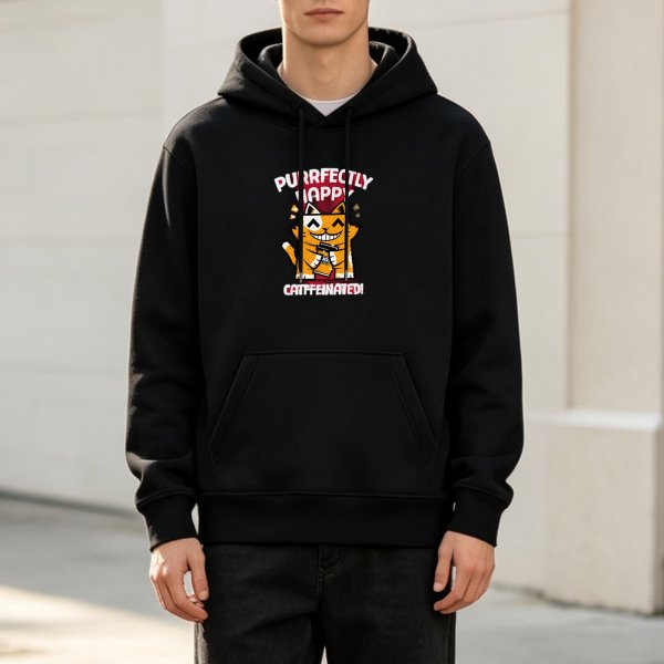 Black hoodie with 'Purrfectly Happy Catffeinated' cat graphic