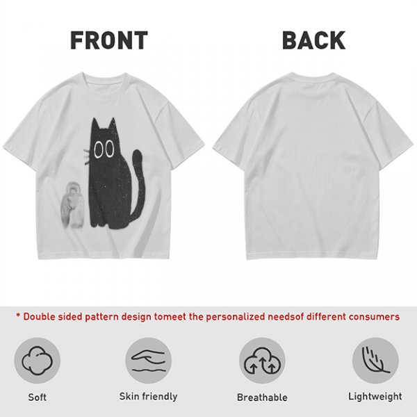 Oversized Olive T-Shirt With Cute Black Cat Graphic Print