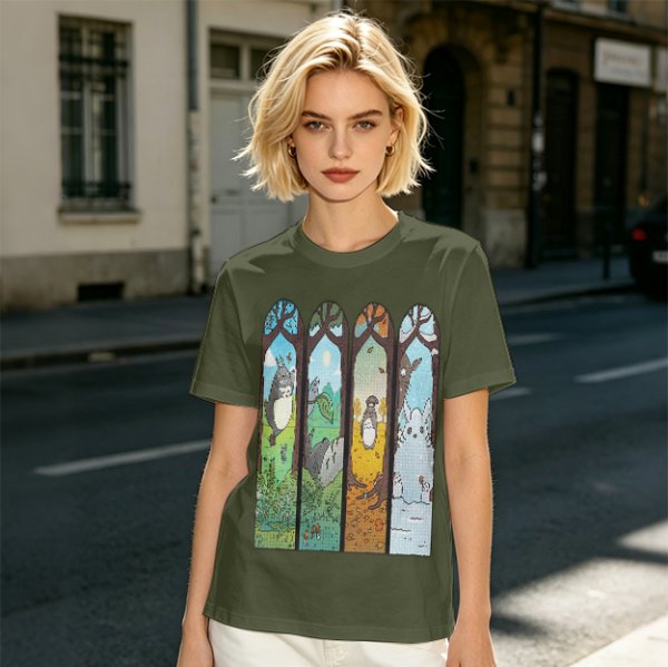 Olive T-Shirt With Stained Glass Style Four Seasons Forest Creature Art