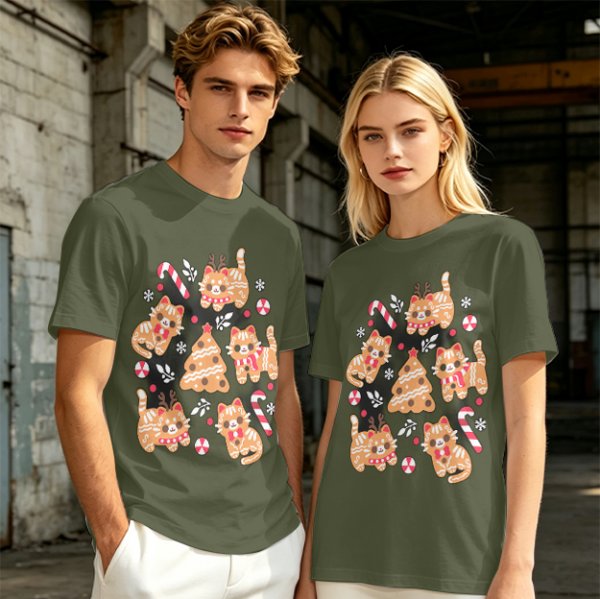 Olive Green Christmas Cat Gingerbread Graphic T-Shirt