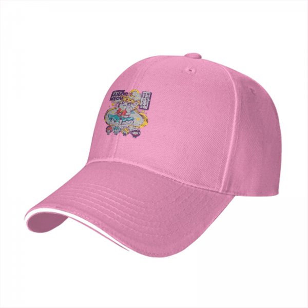 Black baseball cap with Sailor Moon inspired cat graphic print