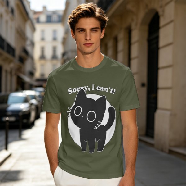 Olive T-Shirt With Sorry I Can't Black Cat Graphic Print