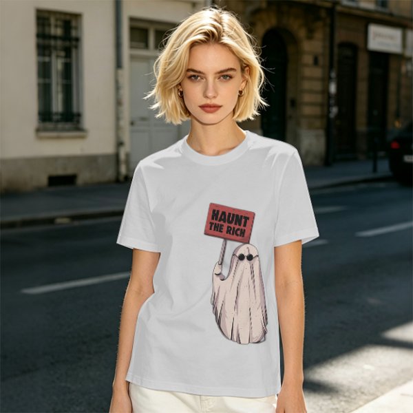 Olive T-Shirt With Ghost Holding 'Haunt The Rich' Protest Sign