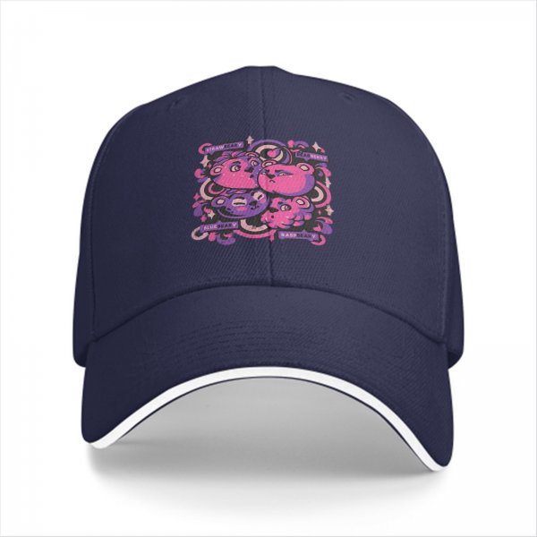 Black baseball cap with pink and purple bear graphic print