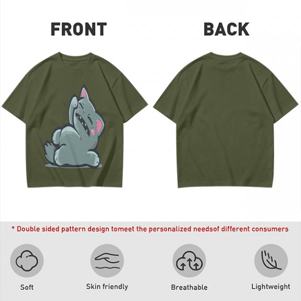 Olive T-Shirt With Embarrassed Gray Cat Graphic Print