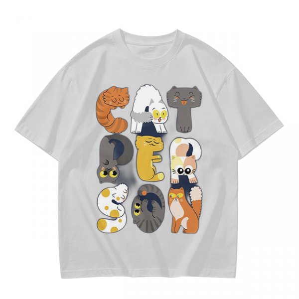Olive T-Shirt With Cute Cat Letter Graphic Design