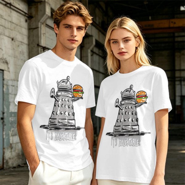 Olive t-shirt with Dalek holding burger and 'It's Dalektable' print