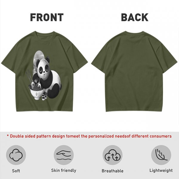 Olive T-Shirt With Panda Eating Ramen Graphic Print