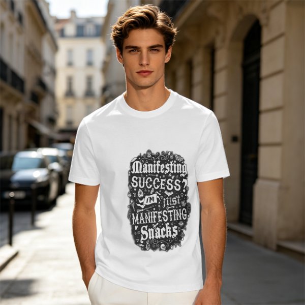 Olive T-Shirt With Funny Manifesting Snacks Success Quote Print