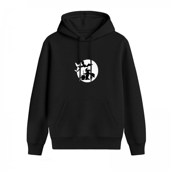 Black Hoodie With Halloween Witch Bat Moon Silhouette Print