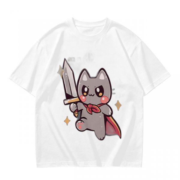 Olive T-shirt with cute warrior cat holding a sword graphic