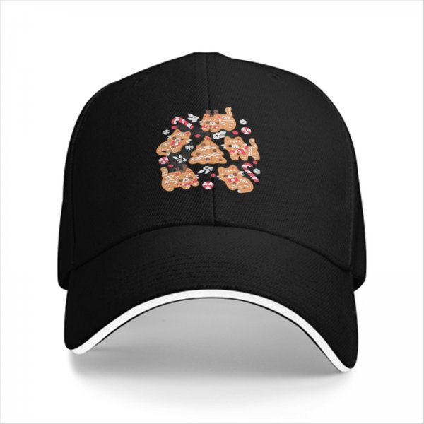 Black Baseball Cap With Christmas Gingerbread Cat Print