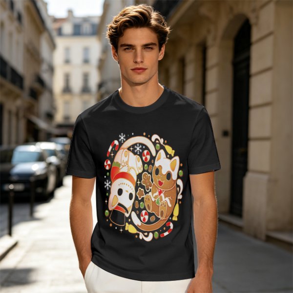 Olive Green T-Shirt With Christmas Cat Gingerbread Candy Print