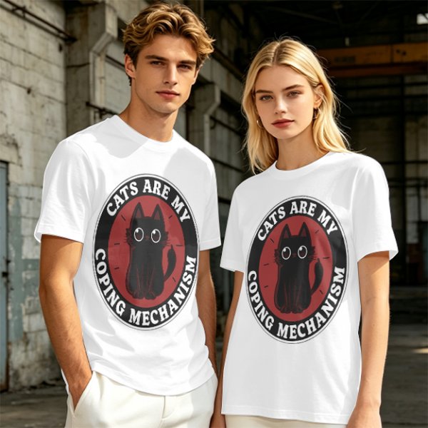 Olive t-shirt with 'Cats Are My Coping Mechanism' and black cat graphic