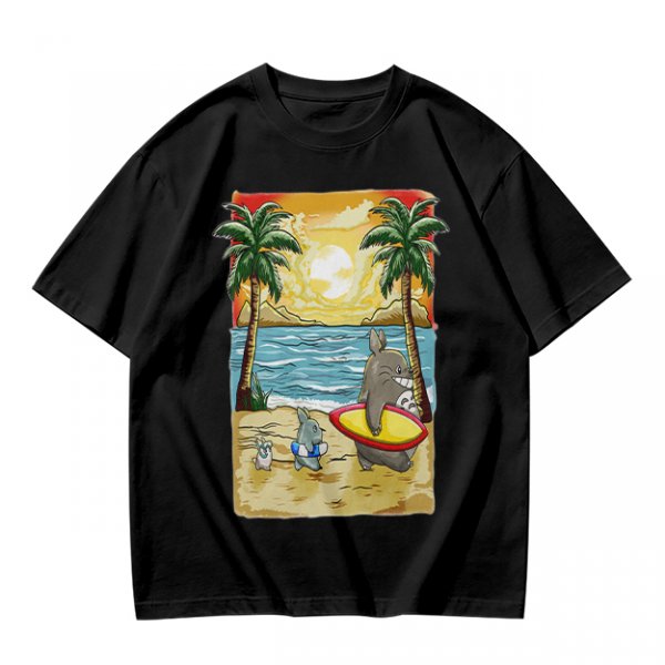 Olive T-Shirt with Beach Scene Print Featuring Totoro and Friends