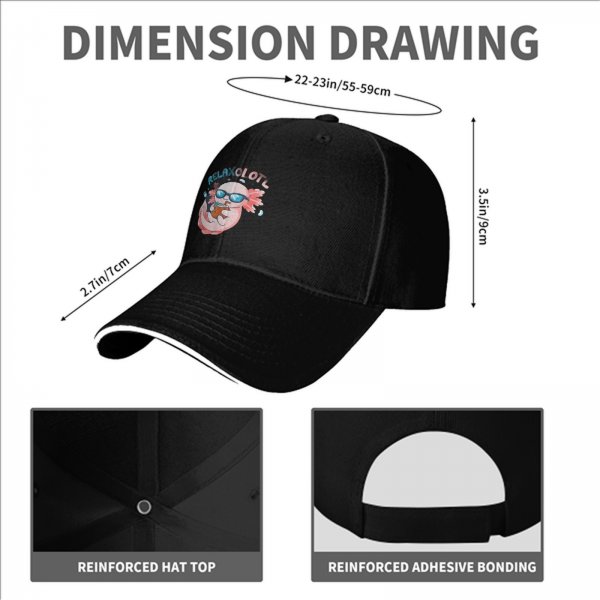 Black baseball cap with a relaxed axolotl graphic and 'RELAXOLOTL' text