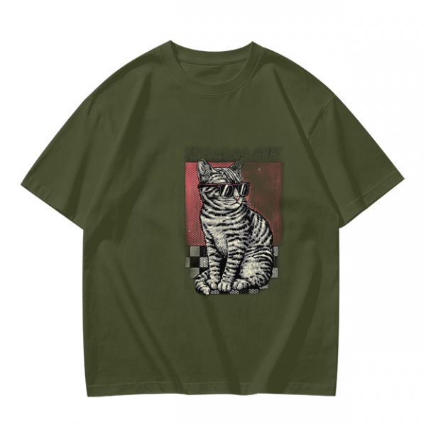 Olive T-Shirt with Cool Sunglass Wearing Tabby Cat Graphic