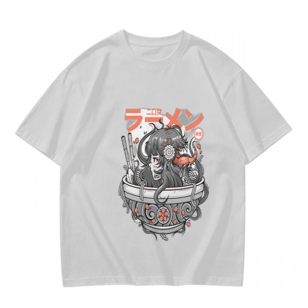 Olive Green T-Shirt with Japanese Ramen Themed Anime Art Print
