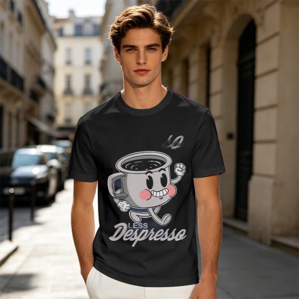 Olive green t-shirt with running espresso cup graphic and 'Less Despresso' text