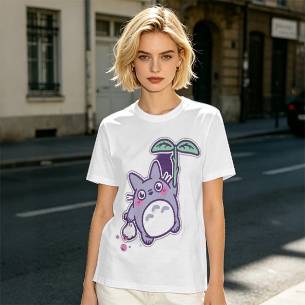 Olive T-Shirt With Cute Chibi Totoro Holding Leaf Print