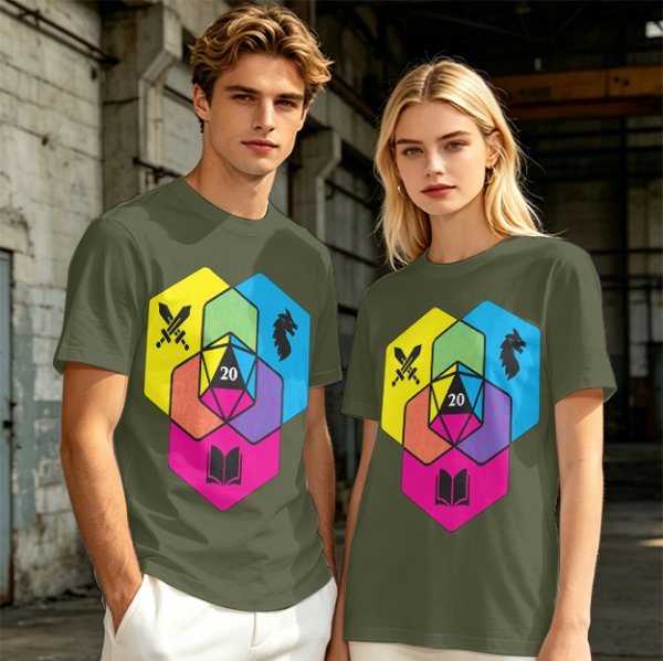 Olive T-Shirt With D20 And Fantasy RPG Themed Hexagon Art