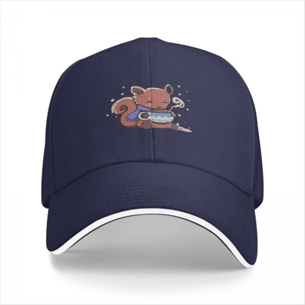 Black baseball cap with cute squirrel holding a steaming tea cup