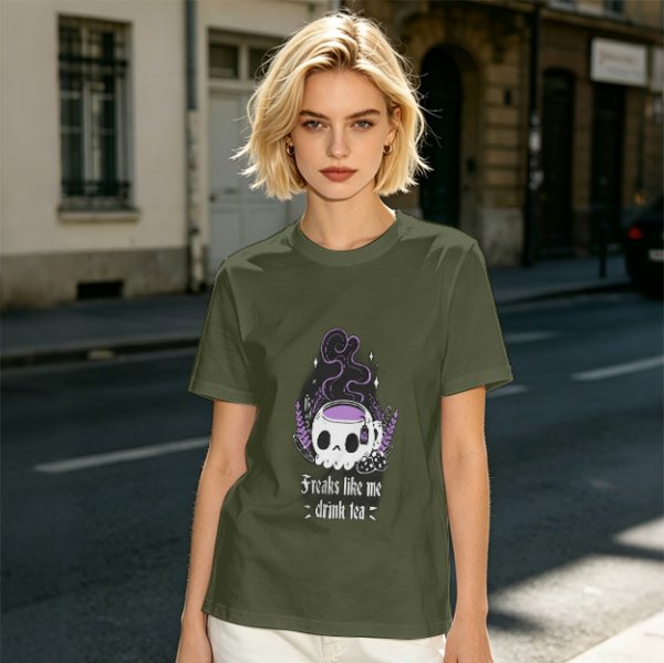 Olive graphic t-shirt with skull tea cup and 'Freaks like me drink tea' text