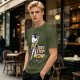 Olive graphic t-shirt with cat Freddie Mercury 'Don't Stop Meow' print