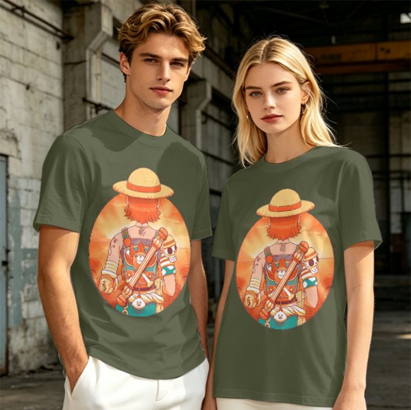 Olive T-Shirt Featuring Anime Character With Straw Hat Back View