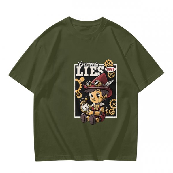 Olive t-shirt with steampunk Pinocchio 'Everybody Lies' graphic print