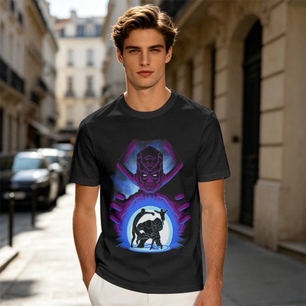 Olive T-Shirt Featuring Galactus Holding Silhouetted Superheroes