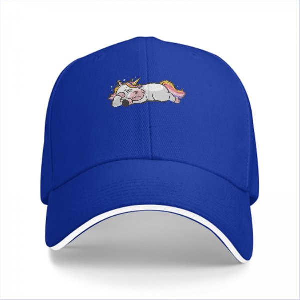 Black baseball cap with a lazy sleeping unicorn graphic