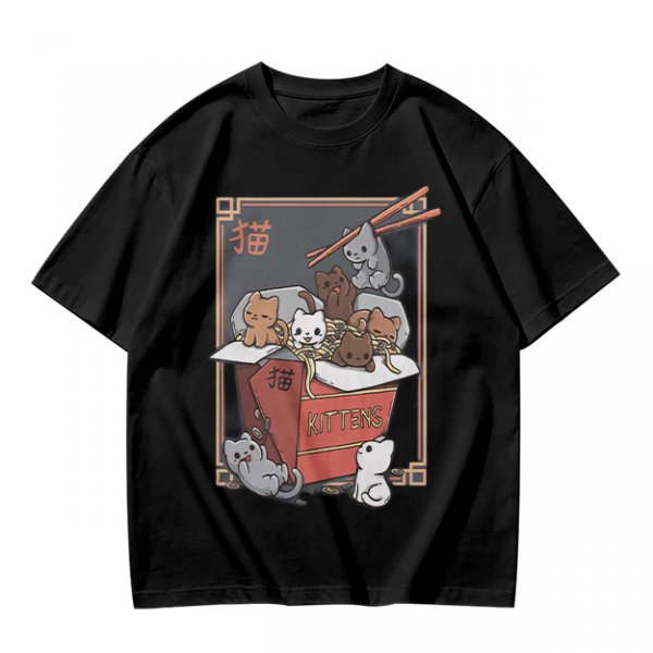 Olive t-shirt with playful kittens in takeout noodle box graphic