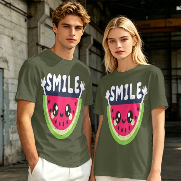 Olive T-Shirt With Cute Watermelon Graphic And Smile Text