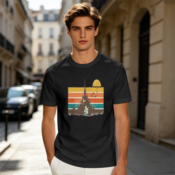 Olive T-Shirt With Retro Sunset Fantasy Castle Graphic