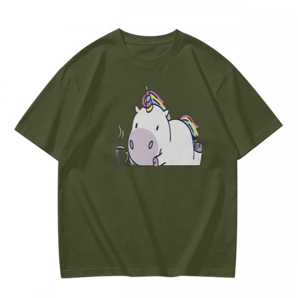 Olive green t-shirt with a chubby unicorn holding a steaming coffee cup