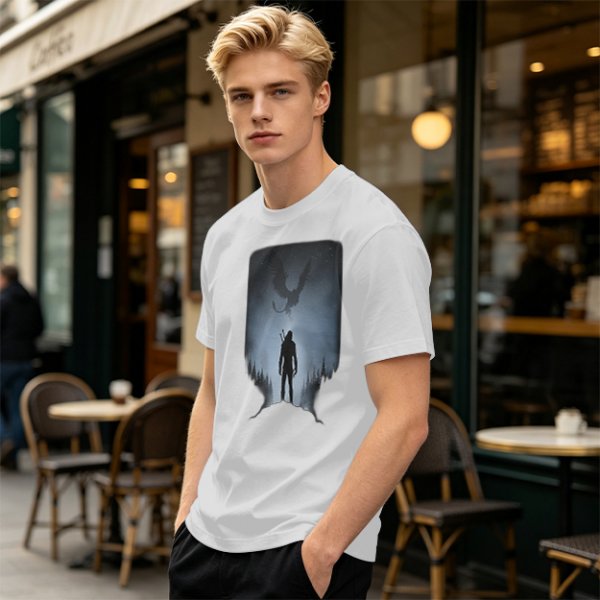 Olive T-Shirt With Dark Fantasy Silhouette Print Of Warrior And Winged Beast